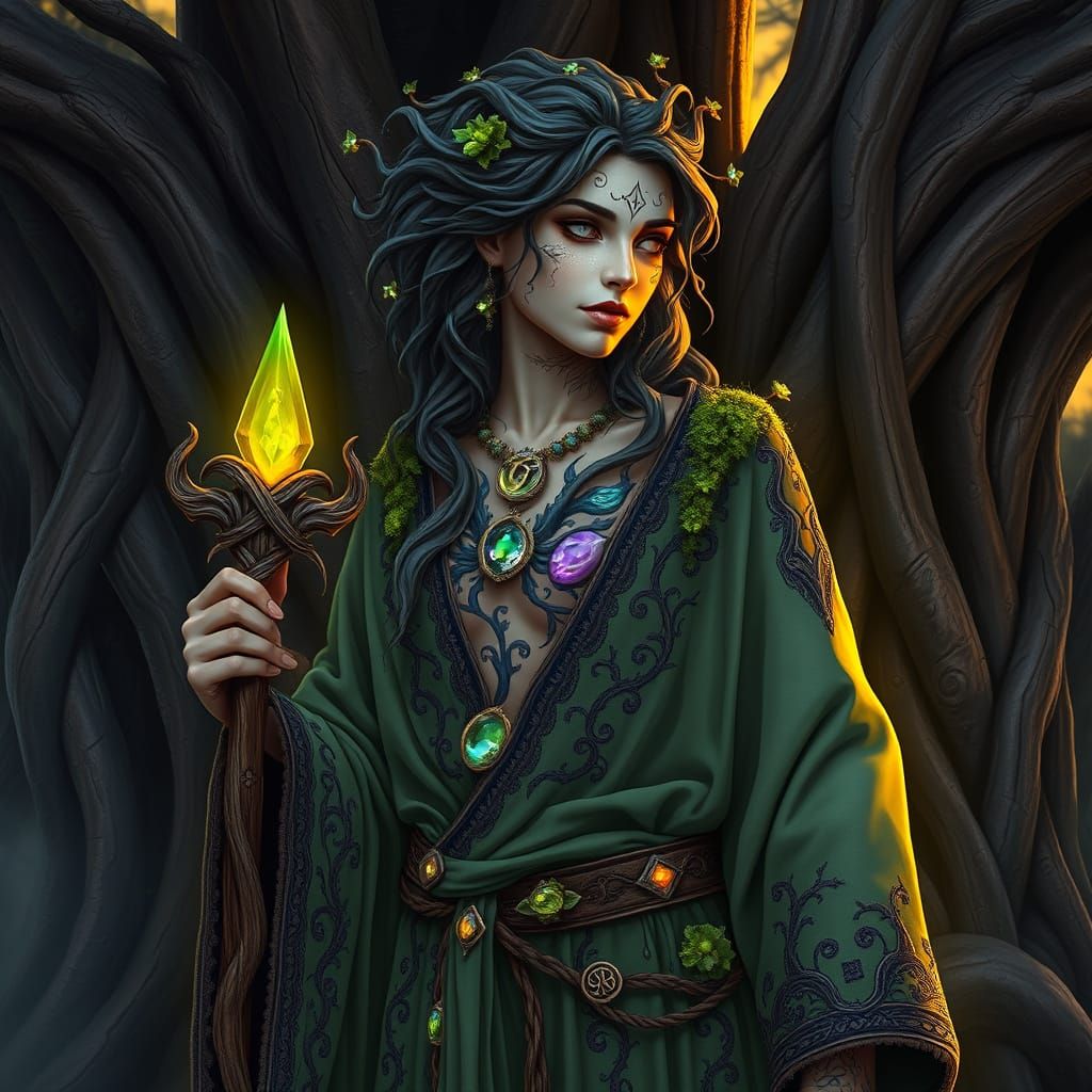 Majestic Earth Genasi Druid with Moss-Grown Skin and Ancient...