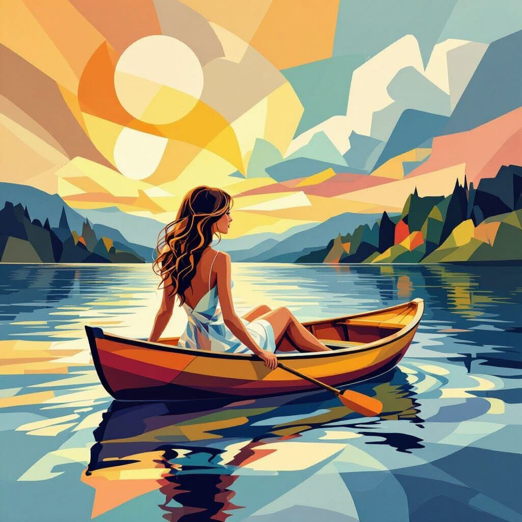 Girl on Seashell Floats on Crystal Lake in Cubist Art Deco S...