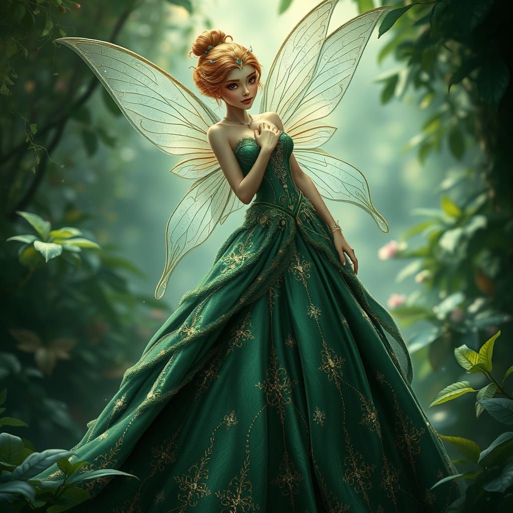 Hyperrealistic Portrait of a Fairy in Emerald Green Gown