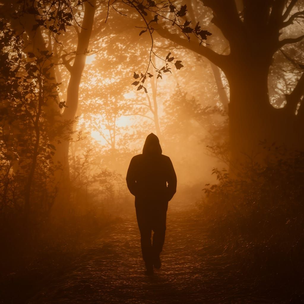 Mournful Figure Walks Through Ancient Forest at Dusk