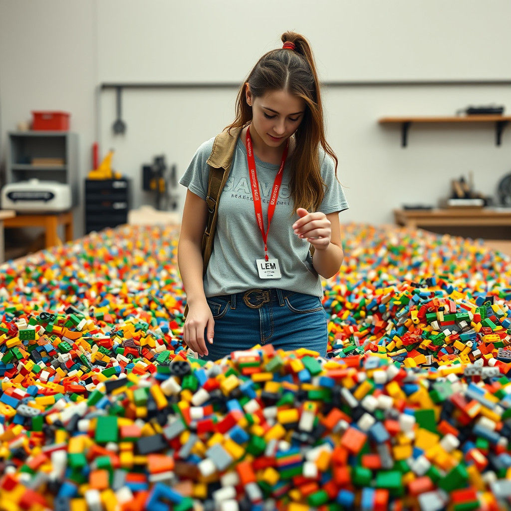 Woman Sorting LEGOs in Serene Realism