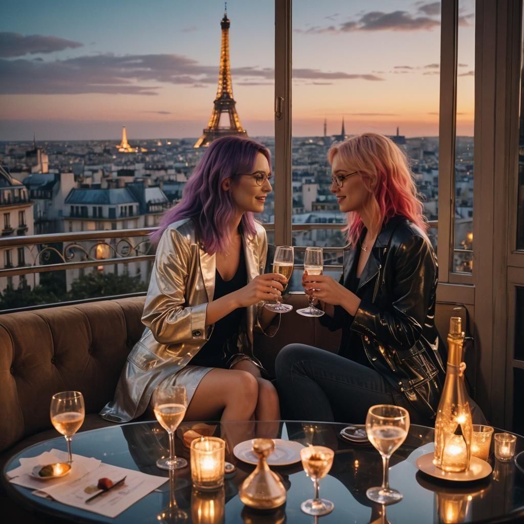 Girlfriends Celebrate in Paris at Night