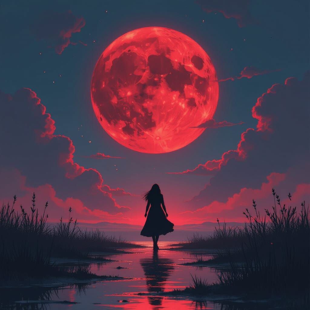 Lone Figure Dancing Under Red Moonlight