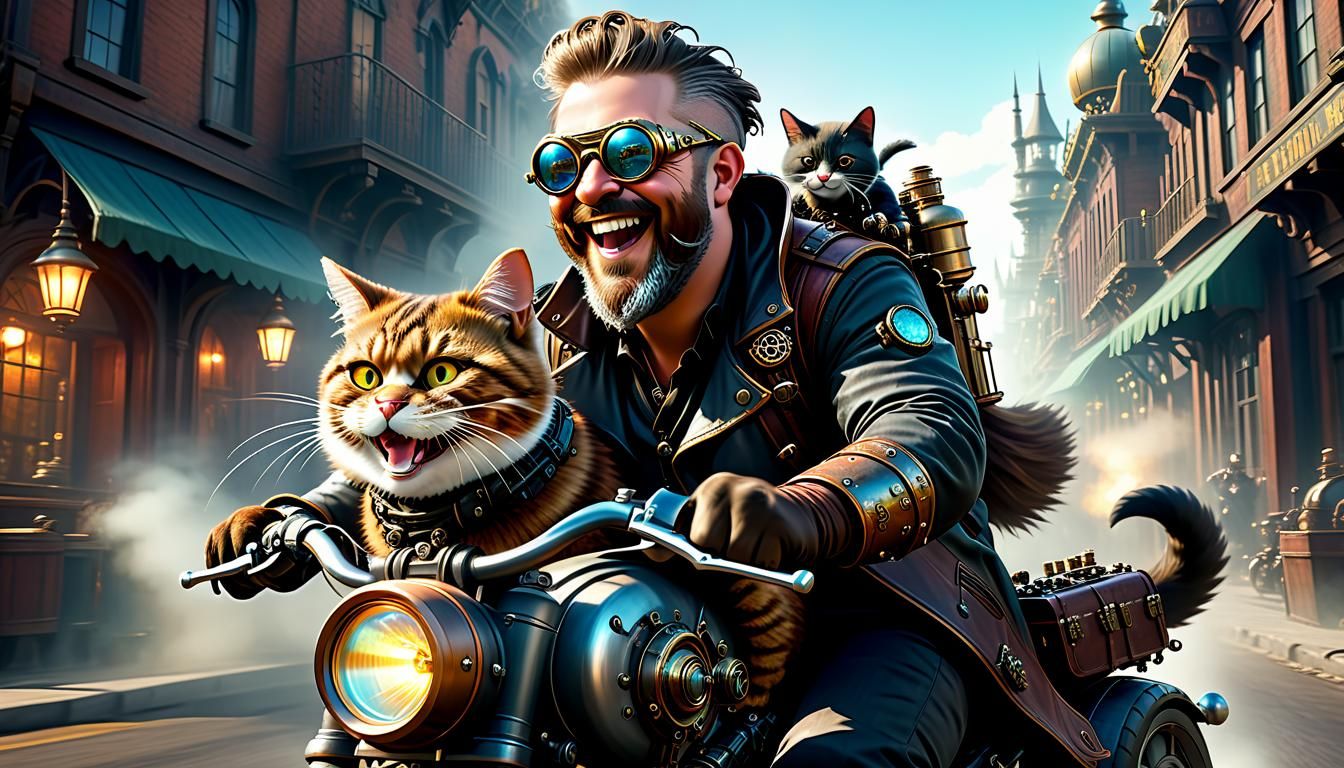 Steampunk Man Rides Motorcycle Through City with Cat