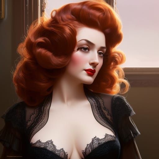 Glamorous Ginger: Pin-Up Portrait in Art Nouveau Style
