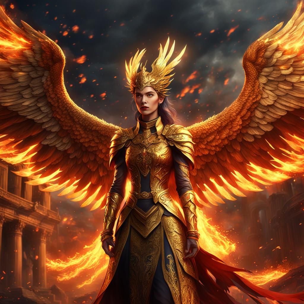 Golden Phoenix Lady in Fiery War: Detailed Matte Painting