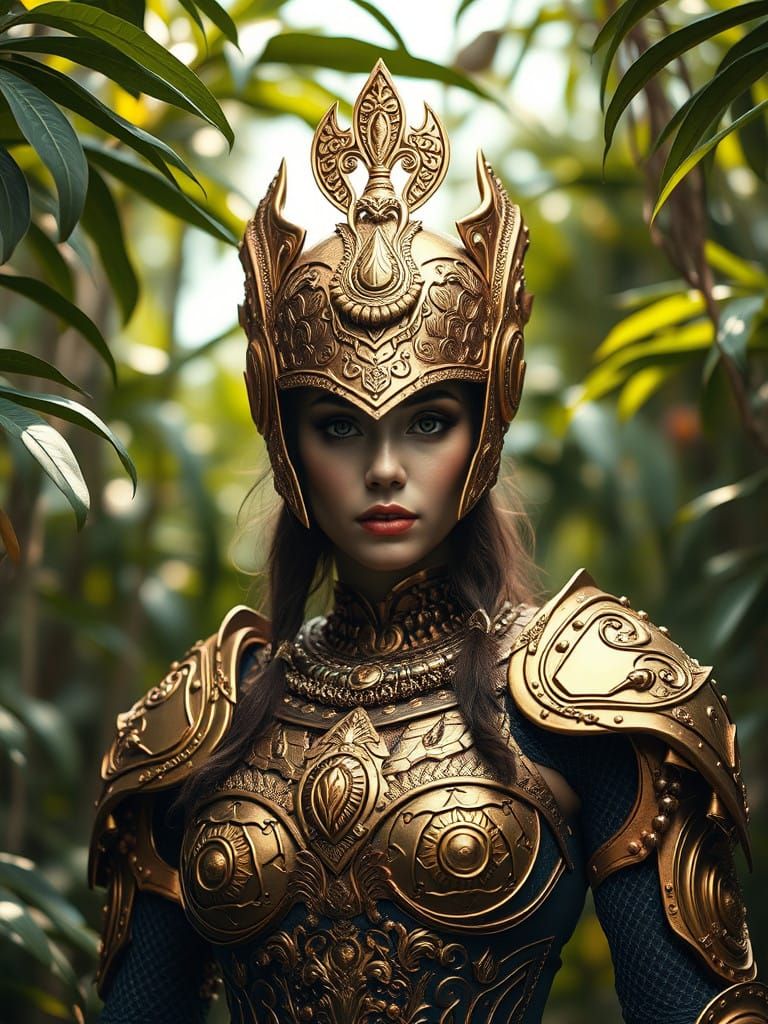 Woman in Victorian Armor Standing in a Jungle of Jewelry in....