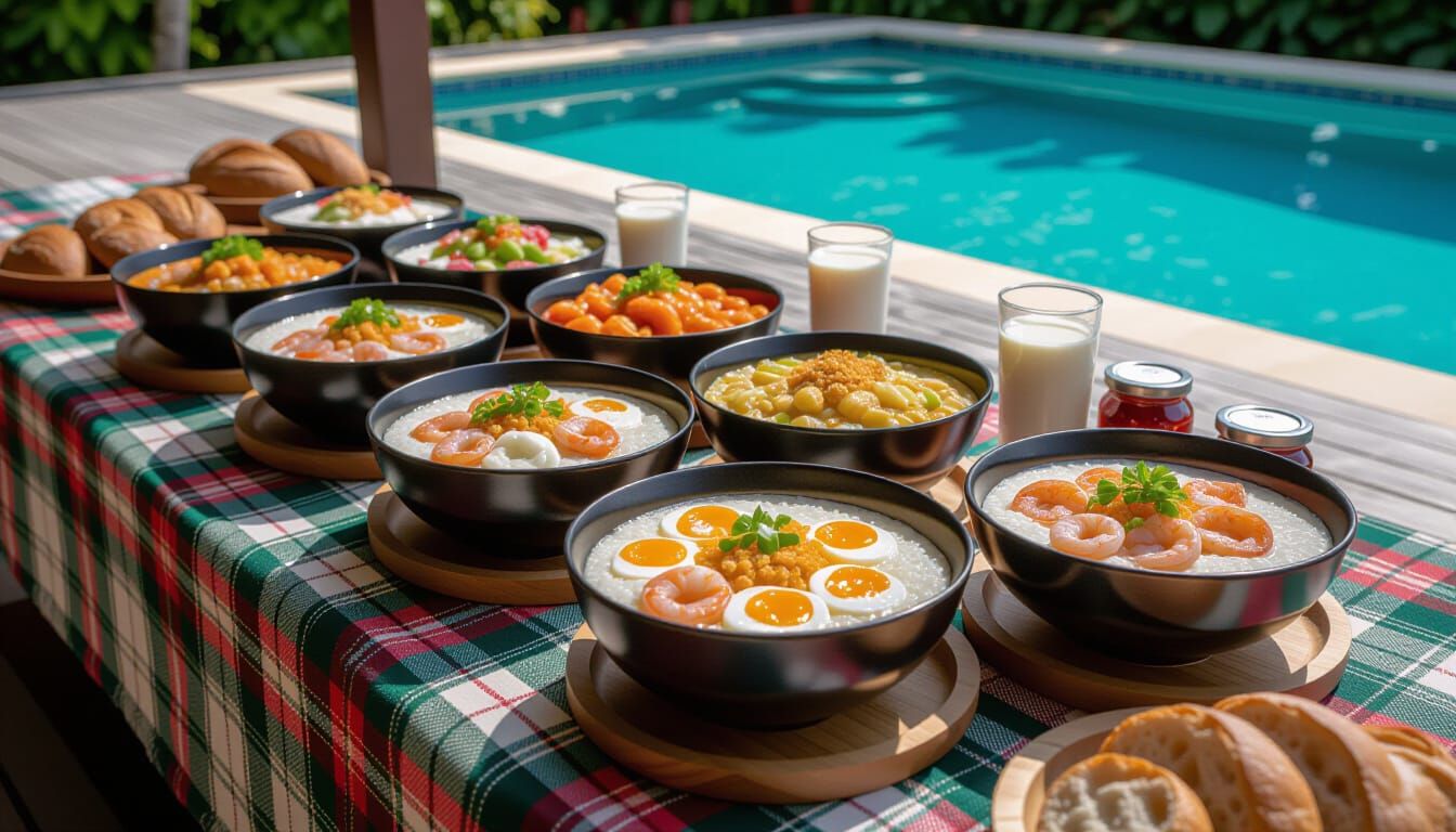 Assortment Of Rice Porridges With Seafood and Eggs