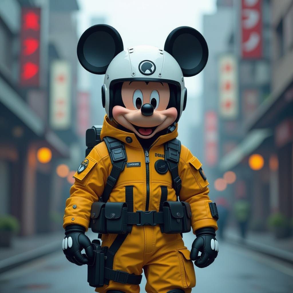 Mickey Mouse as Cyberpunk Operative in Futuristic Cityscape