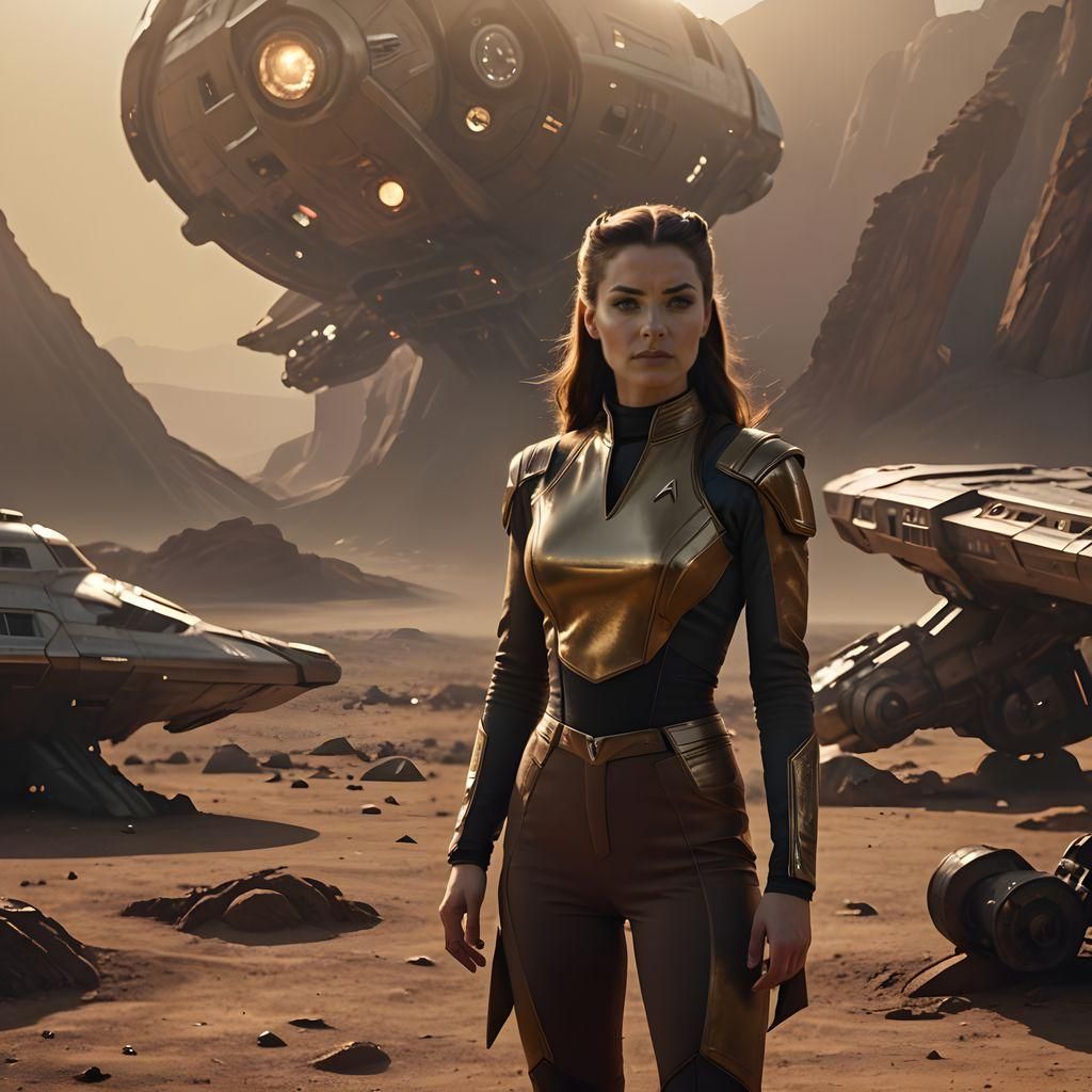 Woman on Alien Planet by Spaceship in Film Still