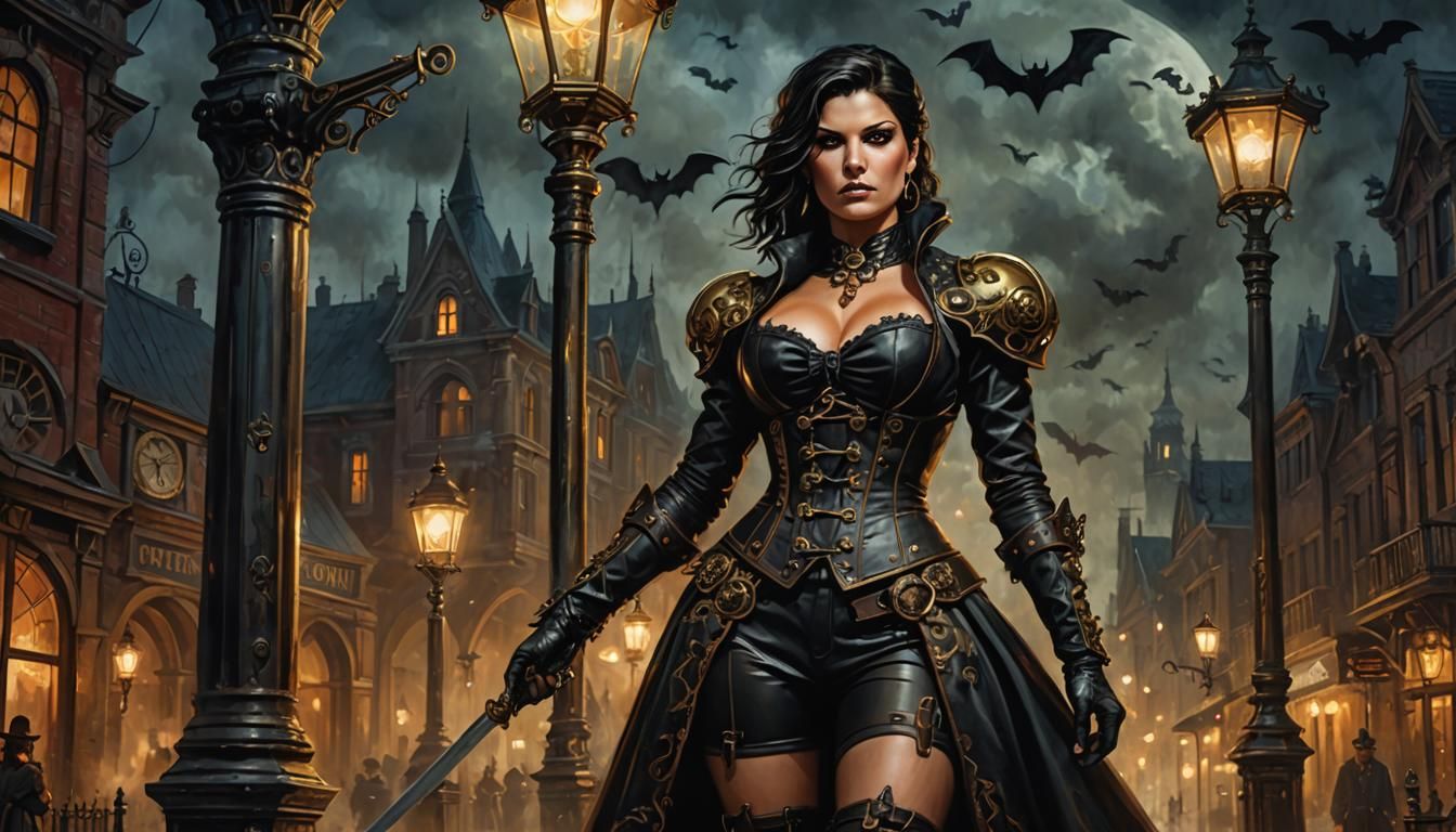 Steampunk Vampire Hunter in Gothic Halloween Scene