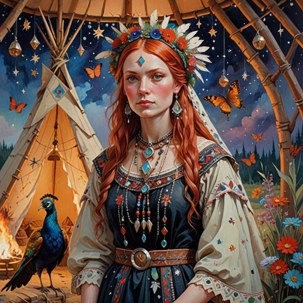 Slavic Witch in Tipi Oil Painting