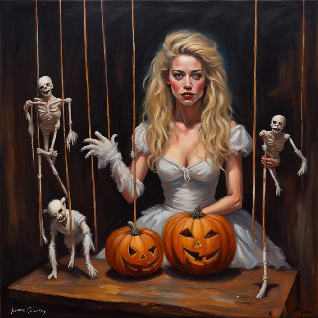 Marionette Puppet in Snowy Halloween Oil Painting