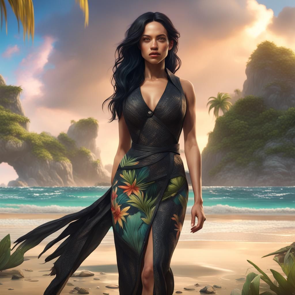 Woman on Tropical Beach as Detailed Matte Painting
