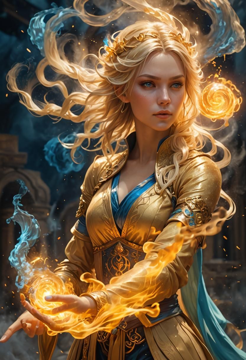 Water Mage Portrait with Swirling Smoke, Digital Art