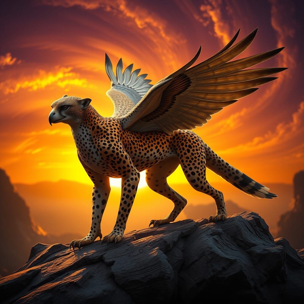 Realistic Cheetah-Falcon Hybrid Roars on Rocky Savanna at Su...