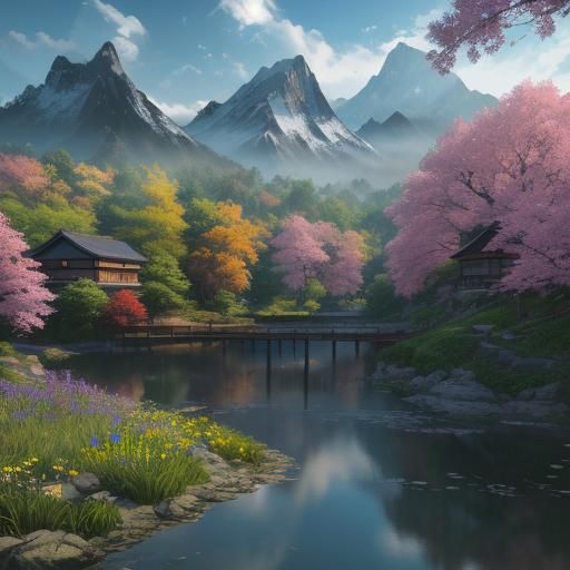 Vibrant Anime Village Amidst Majestic Mountains