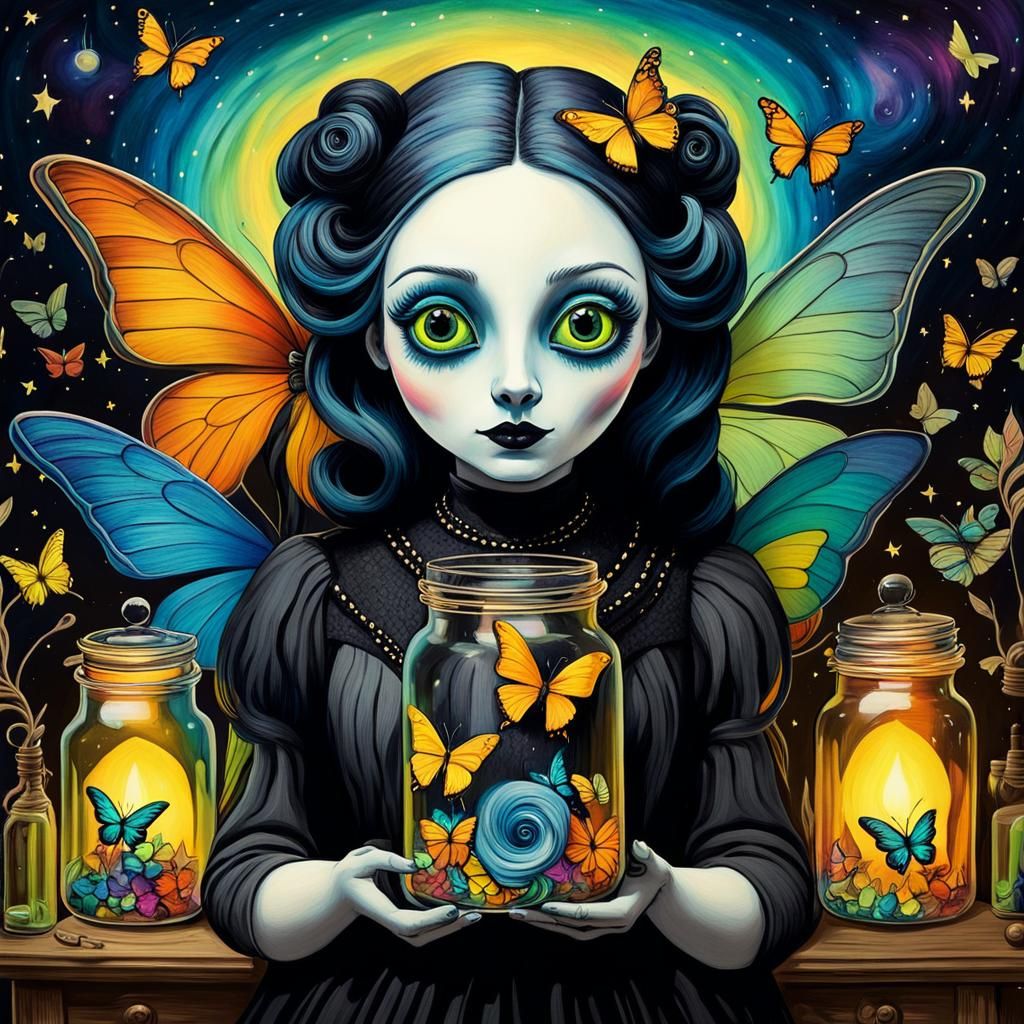 Gothic Creature with Jars, Expressionist Crayon Art