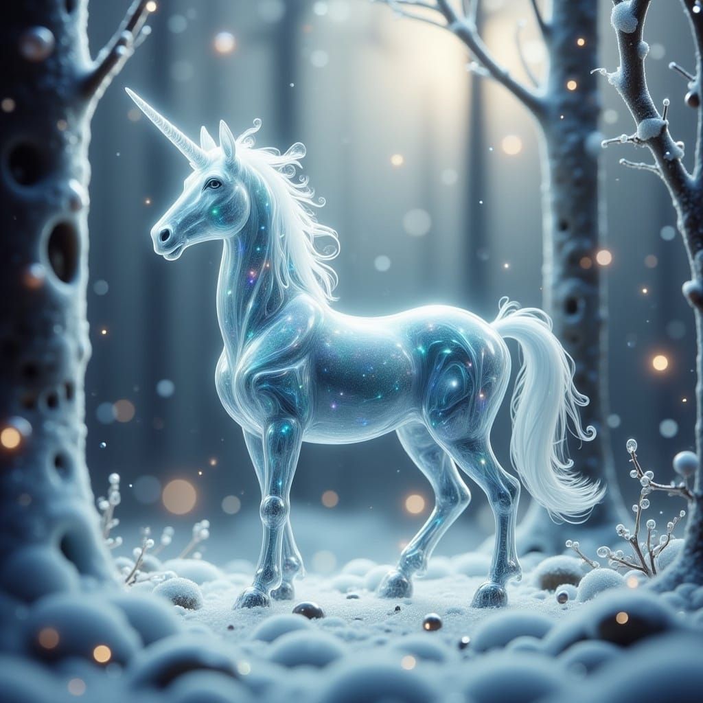 Glass Unicorn in Iced Winter Forest