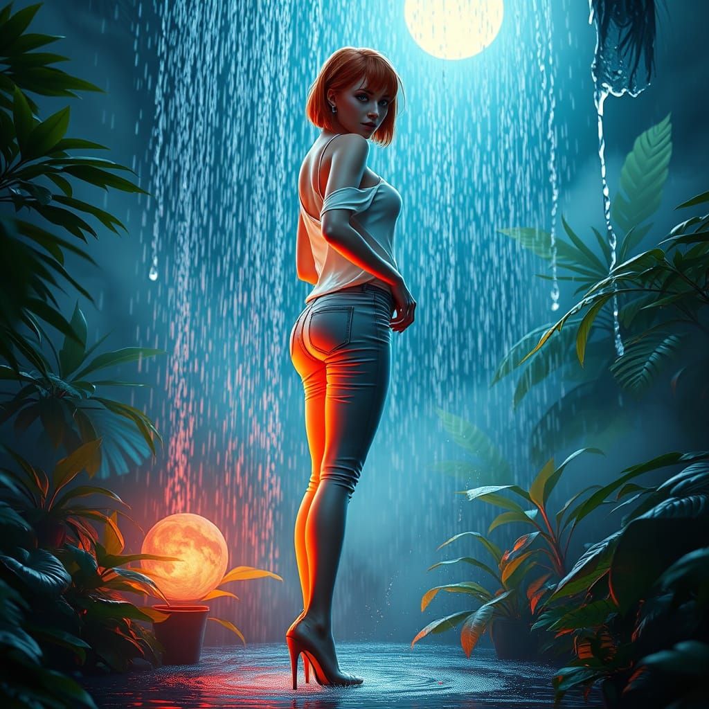 Sensual Goddess Emerging from Moonlit Rain Shower