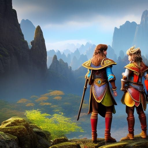 Enchanted Elves in a Misty Mountain Landscape