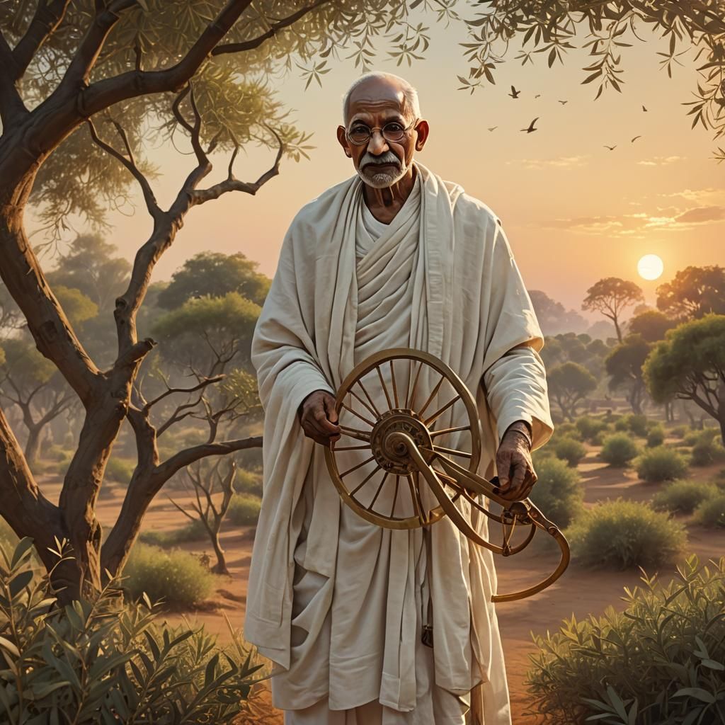 Gandhi Portrait in Serene Landscape, Detailed Matte Painting