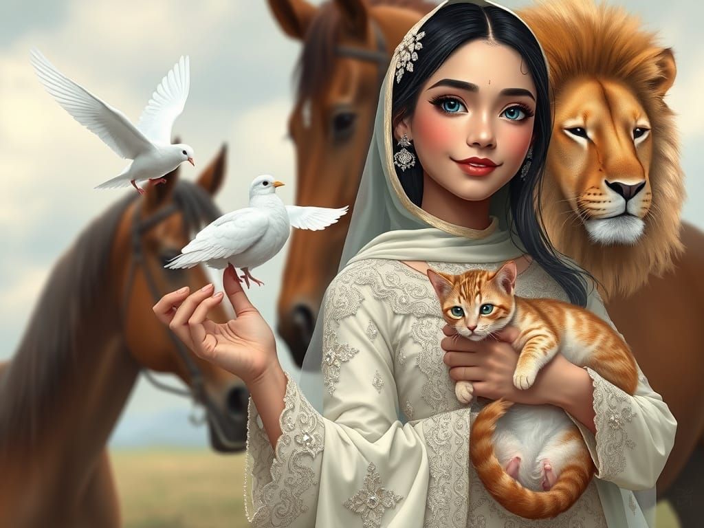 Serene Islamic Girl Surrounded by Symbolic Animals in Realis...
