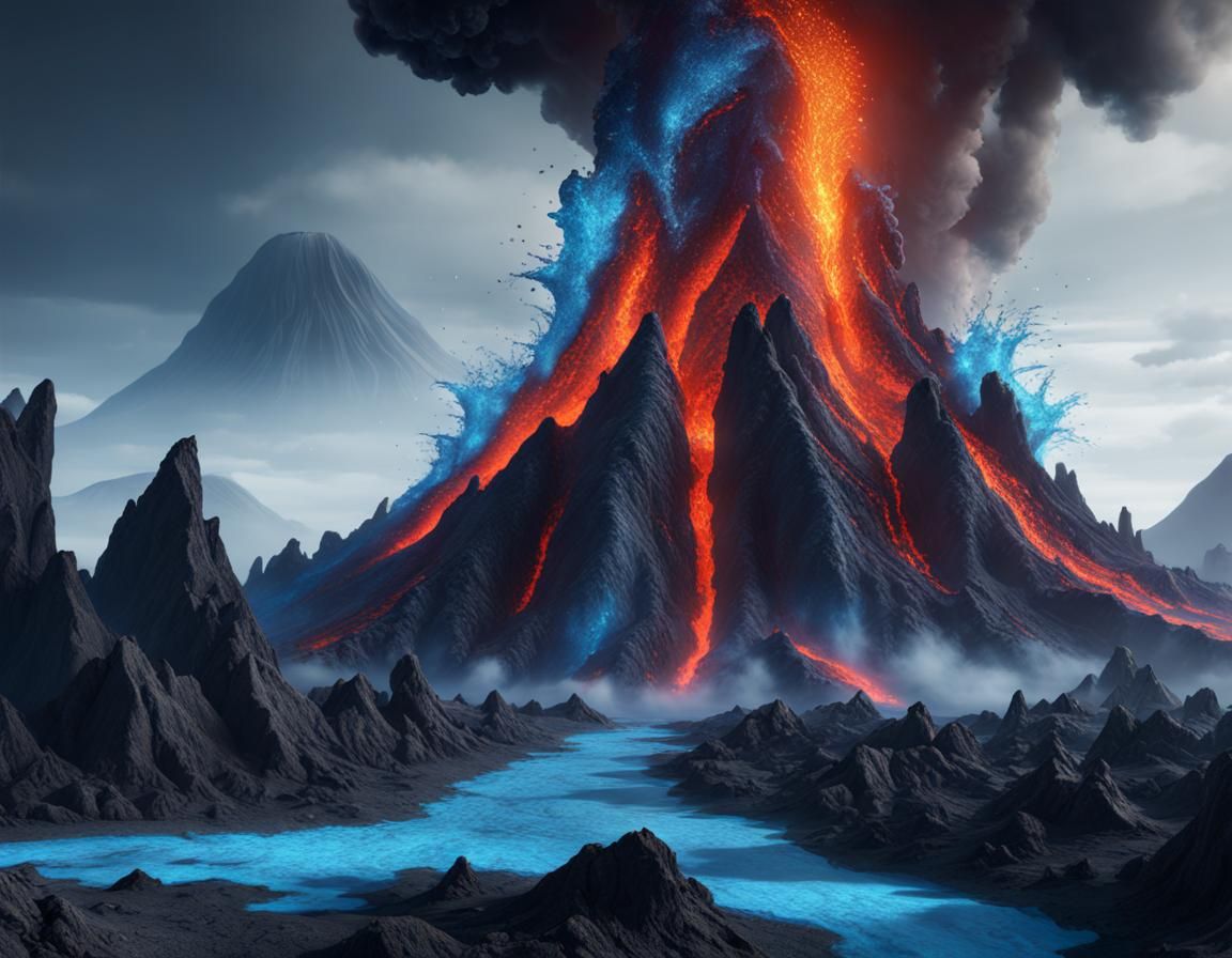Blue Lava Volcano in Detailed Matte Painting Style