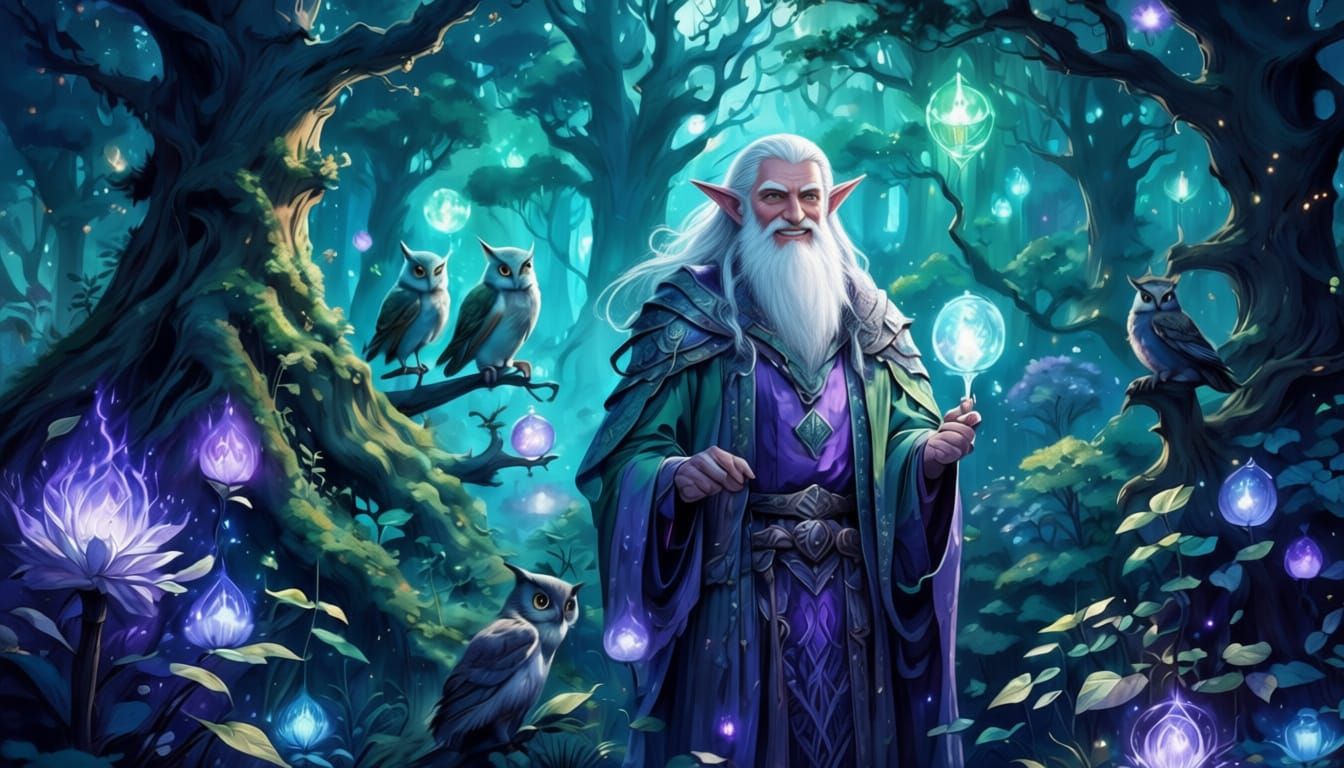 Mystical Elf and Owl in Enchanted Forest Concept Art