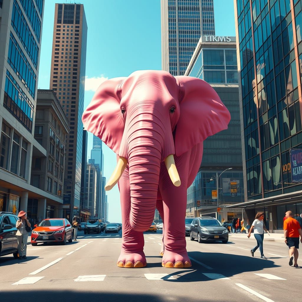 Pink Elephant in City Street, Photorealistic Style