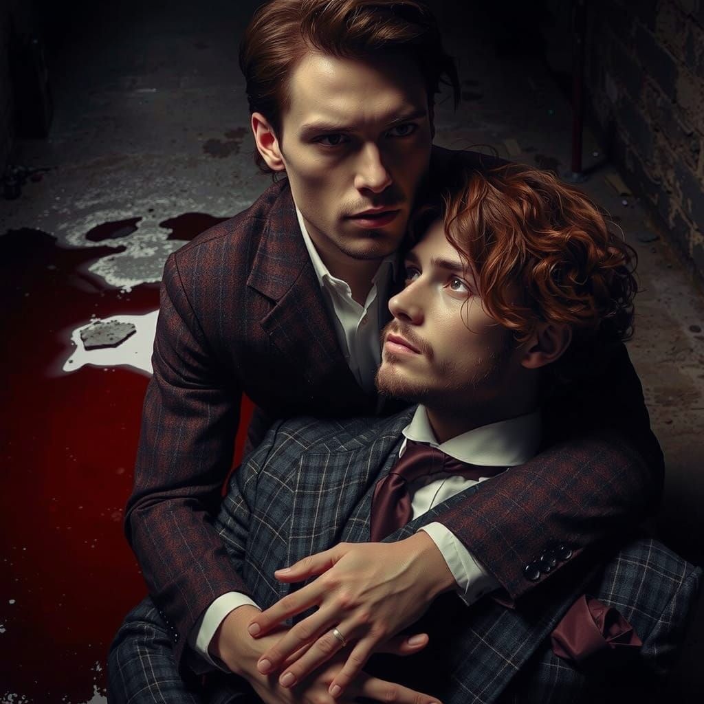 Two Men in a Dimly Lit Alleyway, Embracing in a Moment of Qu...