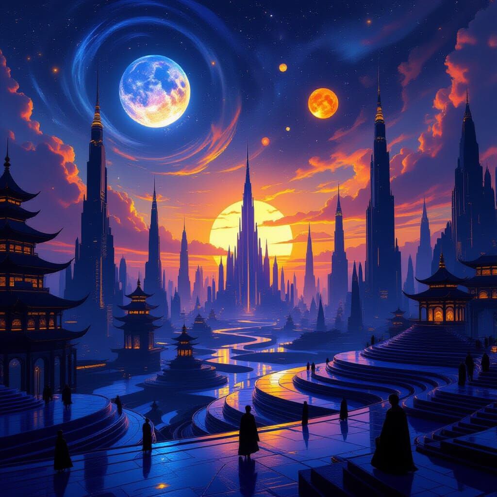 Cosmic Underworld Digital Sunset in Vibrant Urban Landscape