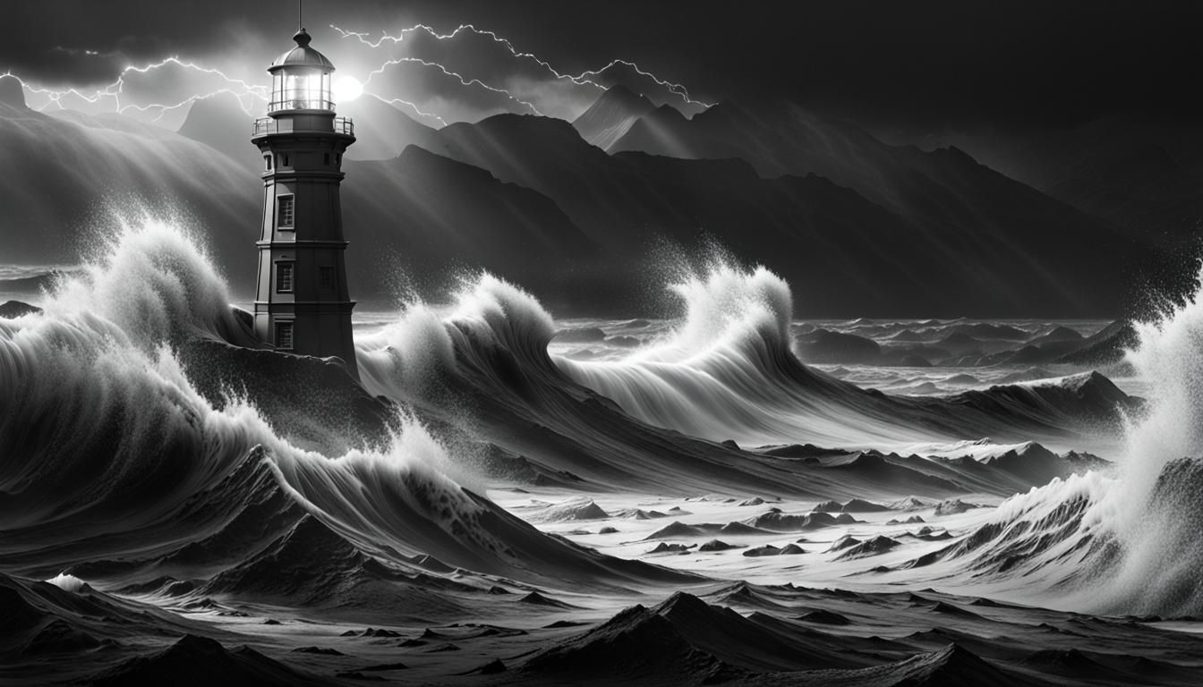 Dramatic Lighthouse Scene in Black and White
