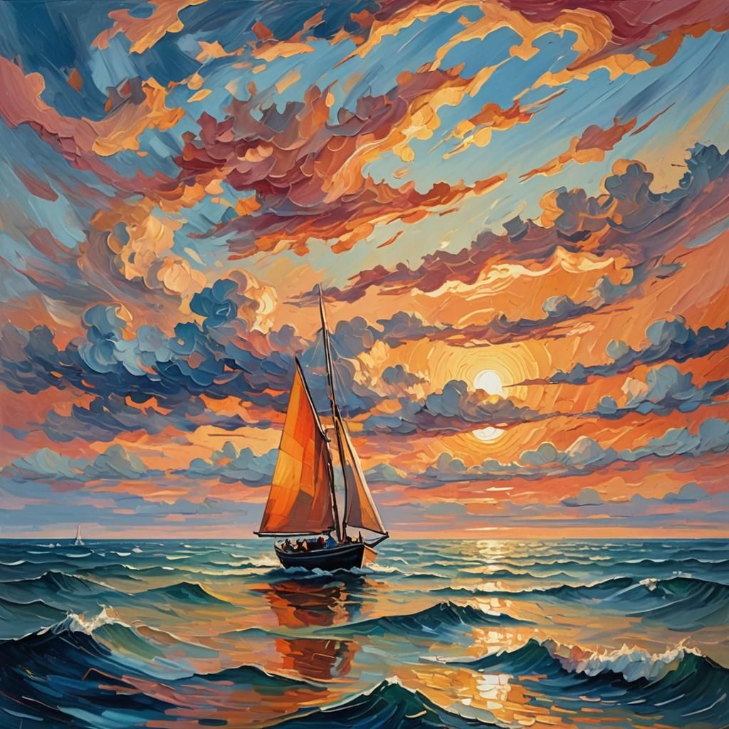 Sunset Sailboat in Abstract Expressionist Style