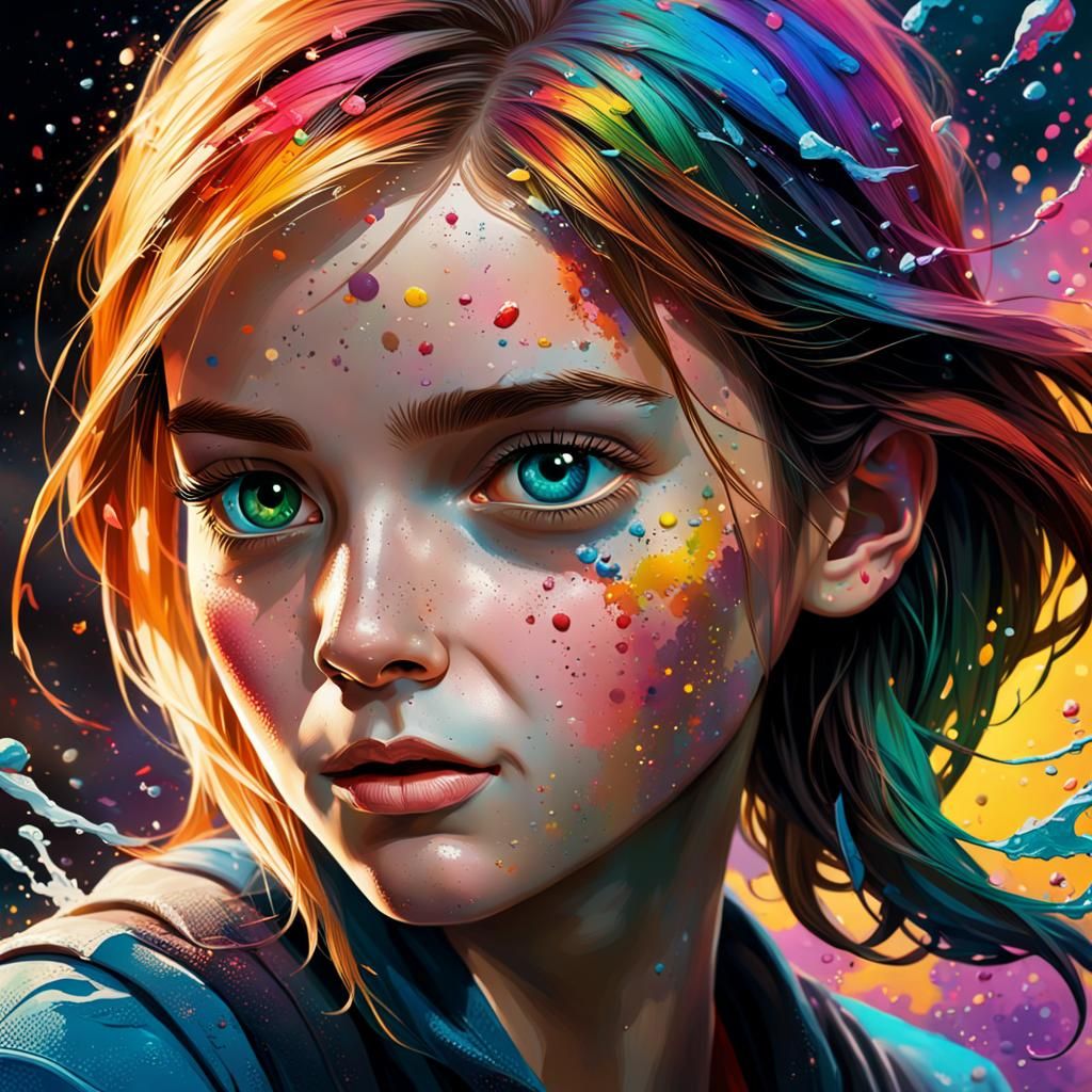 Hyperrealistic Portrait with Colorful Splash Art Background