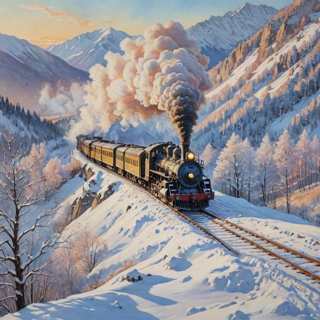 Steam Train in Snowy Mountains: Watercolor Painting