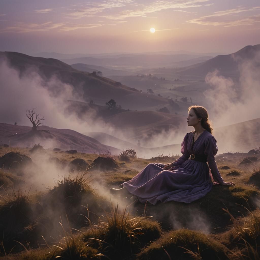 Ethereal Figure in Mystical Landscape: Cinematic Still