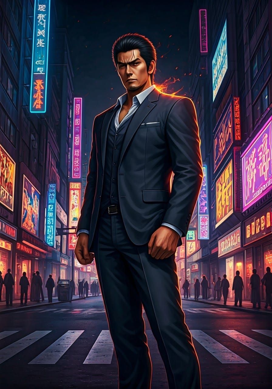 Kiryu Kazuma in Neon-Lit Kamurocho