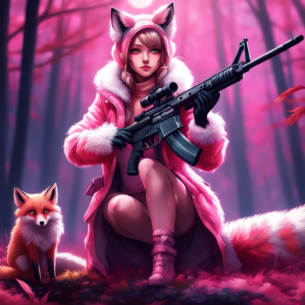 Anime Hunter Girl with Rifle in Forest Night