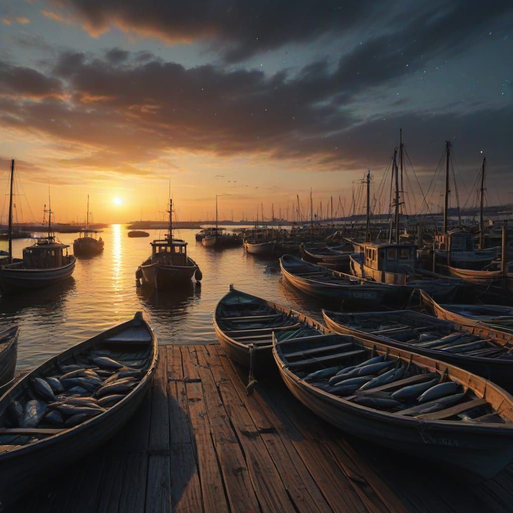 Hyperrealistic Charcoal Drawing of Coastal Sunrise and Fishi...