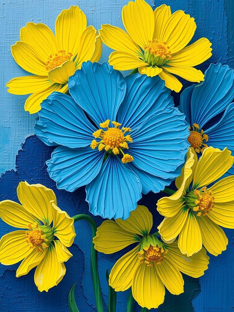 Abstract Blue and Yellow Flowers Texture Painting