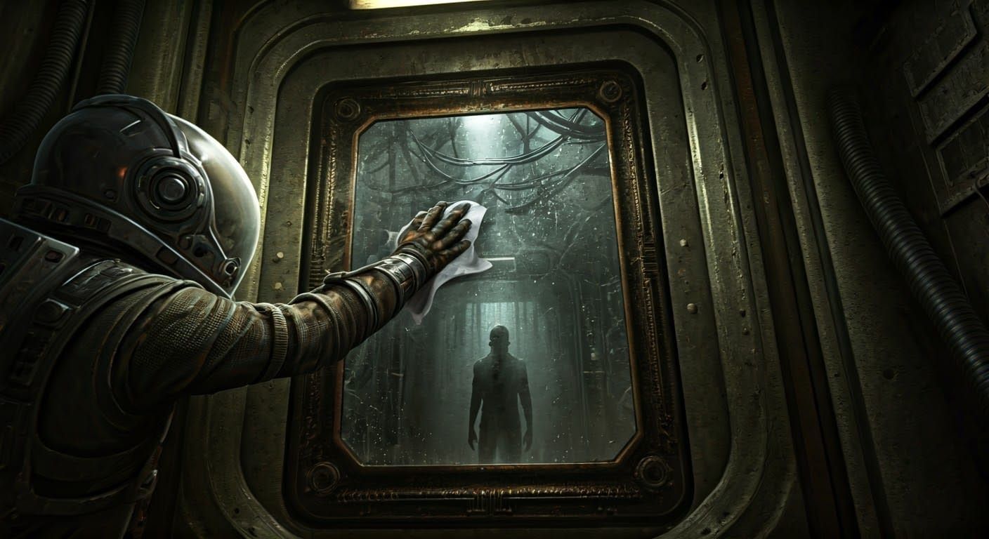 Derelict Starship Crew Bathroom with Haunting Reflection