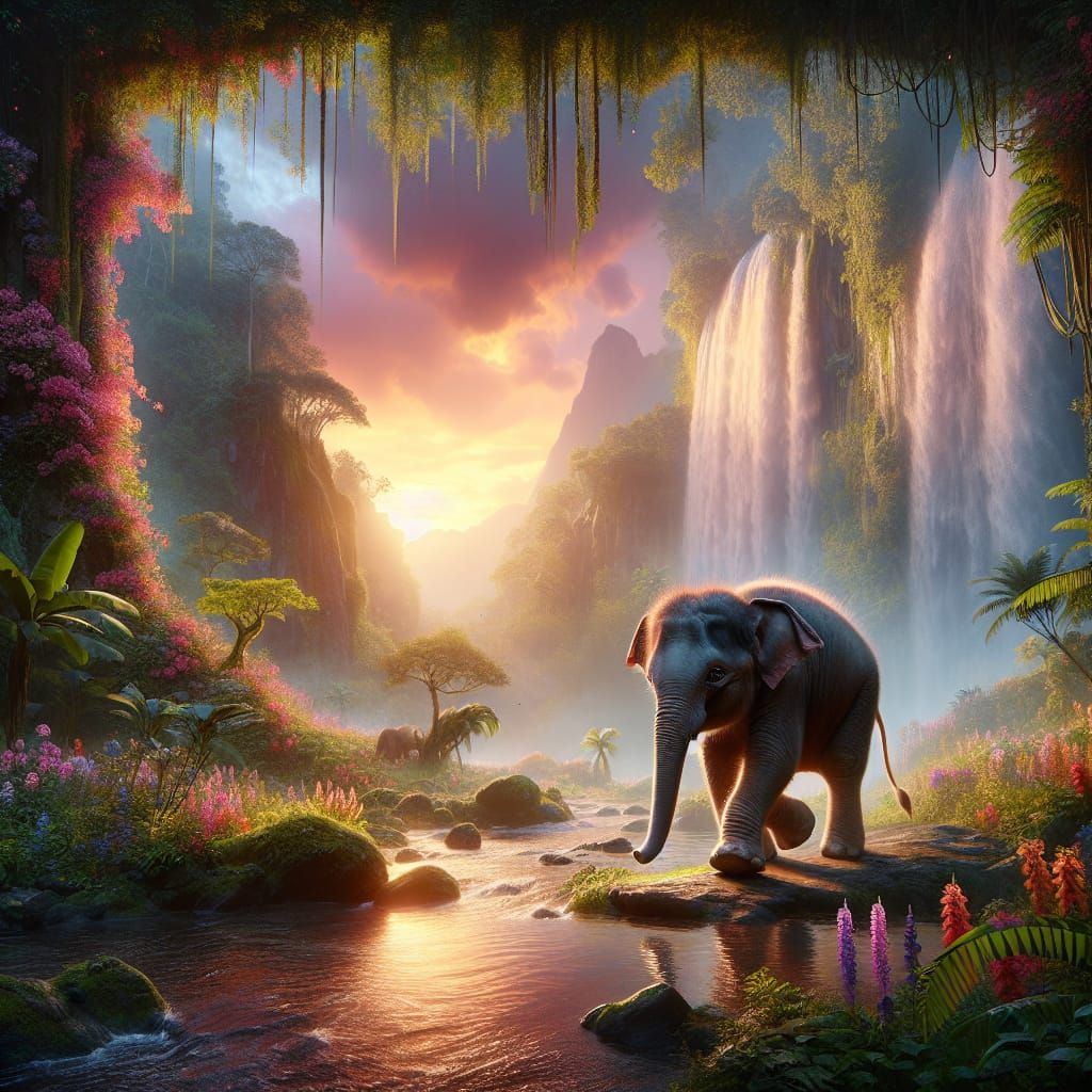 Baby Elephant in Jungle Waterfall Sunset, Photorealistic