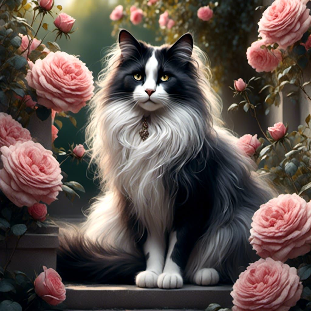 Elegant Cat Under Rose Bush Sketch