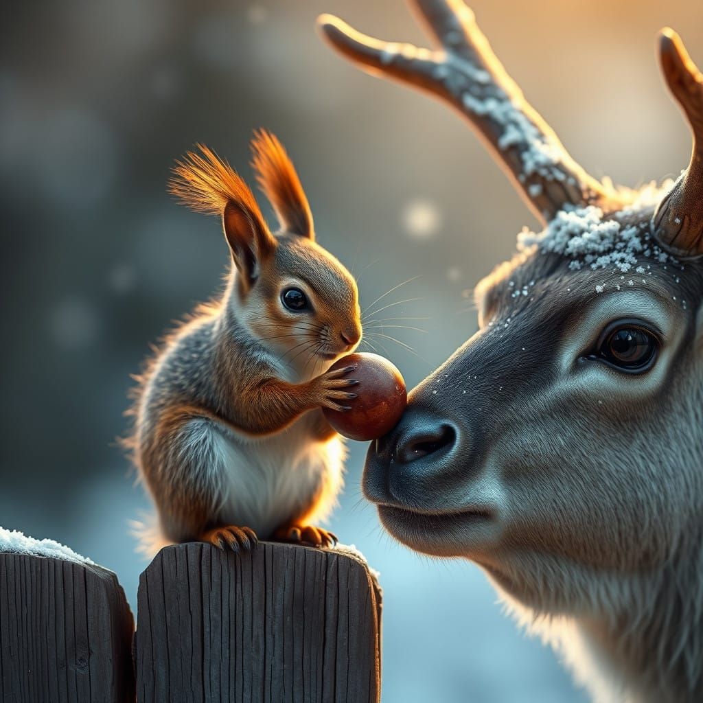 Squirrel Offers Acorn to Majestic Reindeer in Golden Light