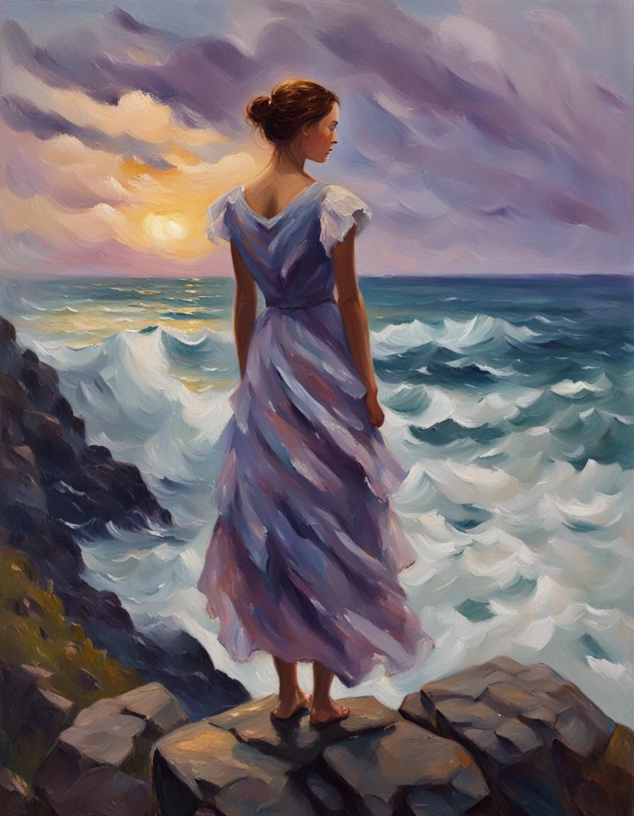 Woman Gazing at Sea: Neo-Impressionist Oil Painting