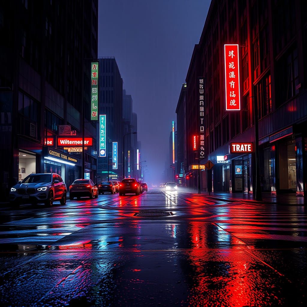 Rainy Cityscape with Cinematic Shadows