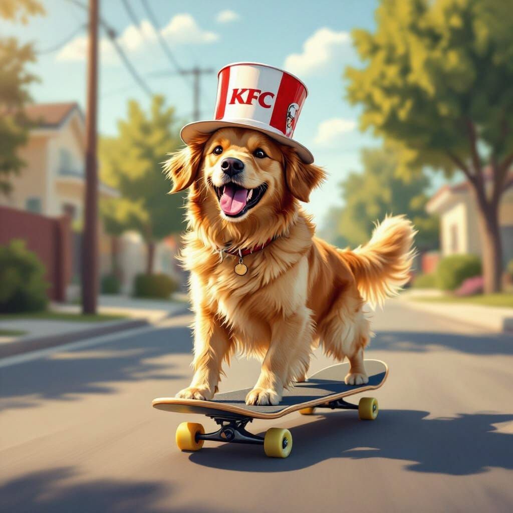 Joyful Golden Retriever Rides Skateboard Wearing KFC Hat