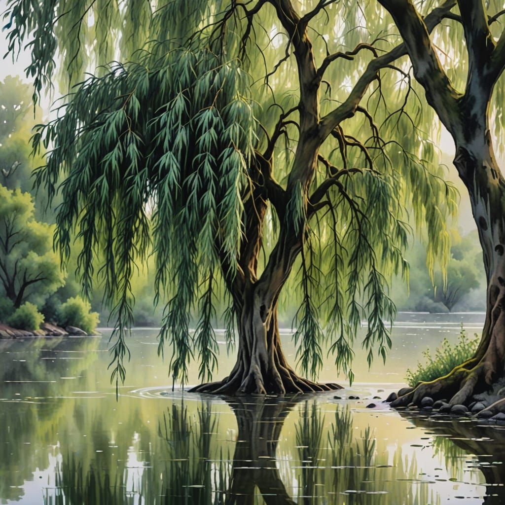 Watercolor Weeping Willow Tree Reflection