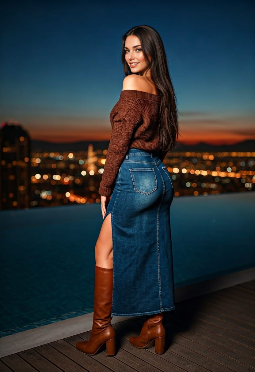 Brunette by Rooftop Infinity Pool at Twilight